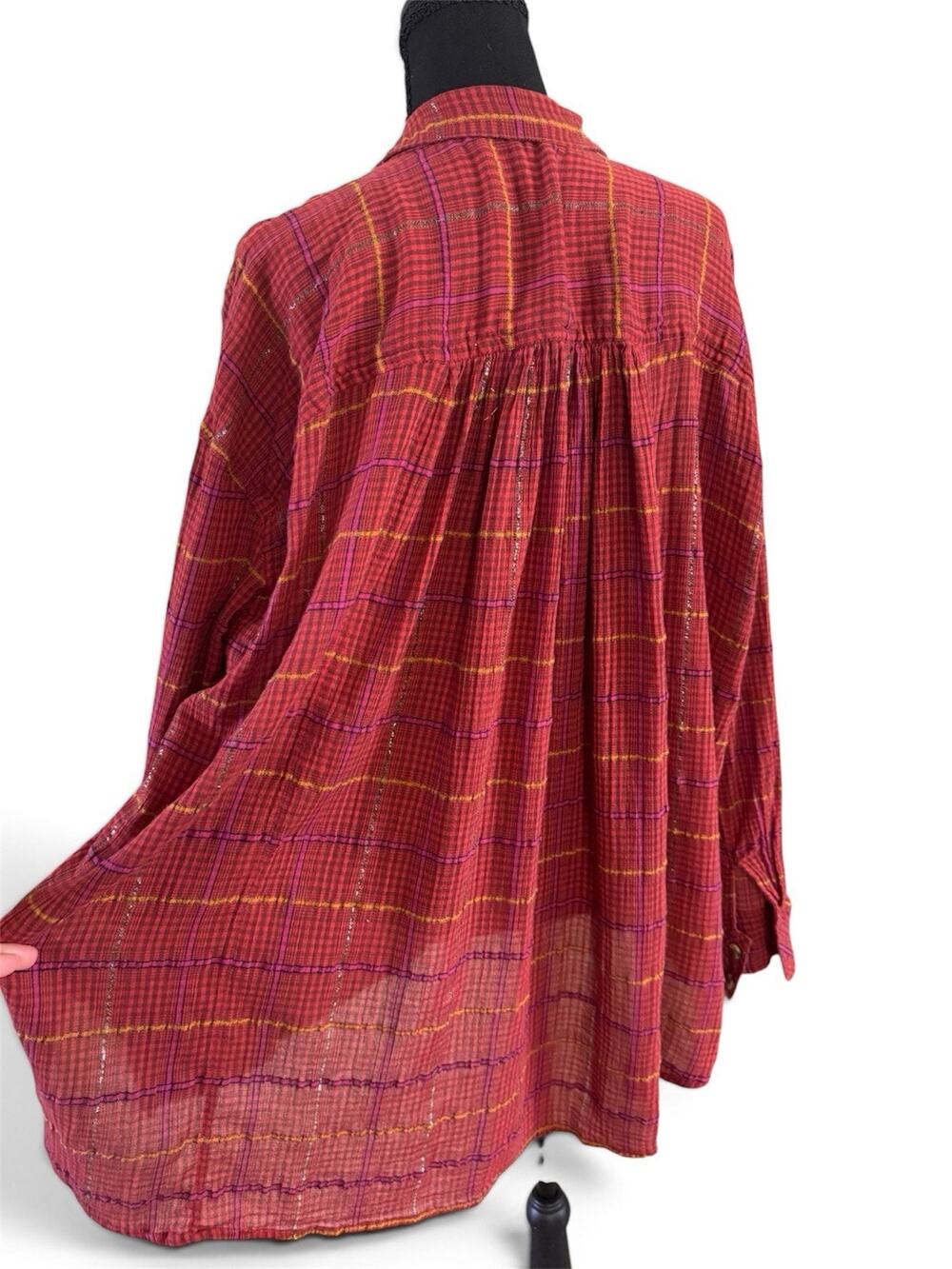 Free People Break My Stride Oversized Plaid Gauze Button Down Shirt Medium
